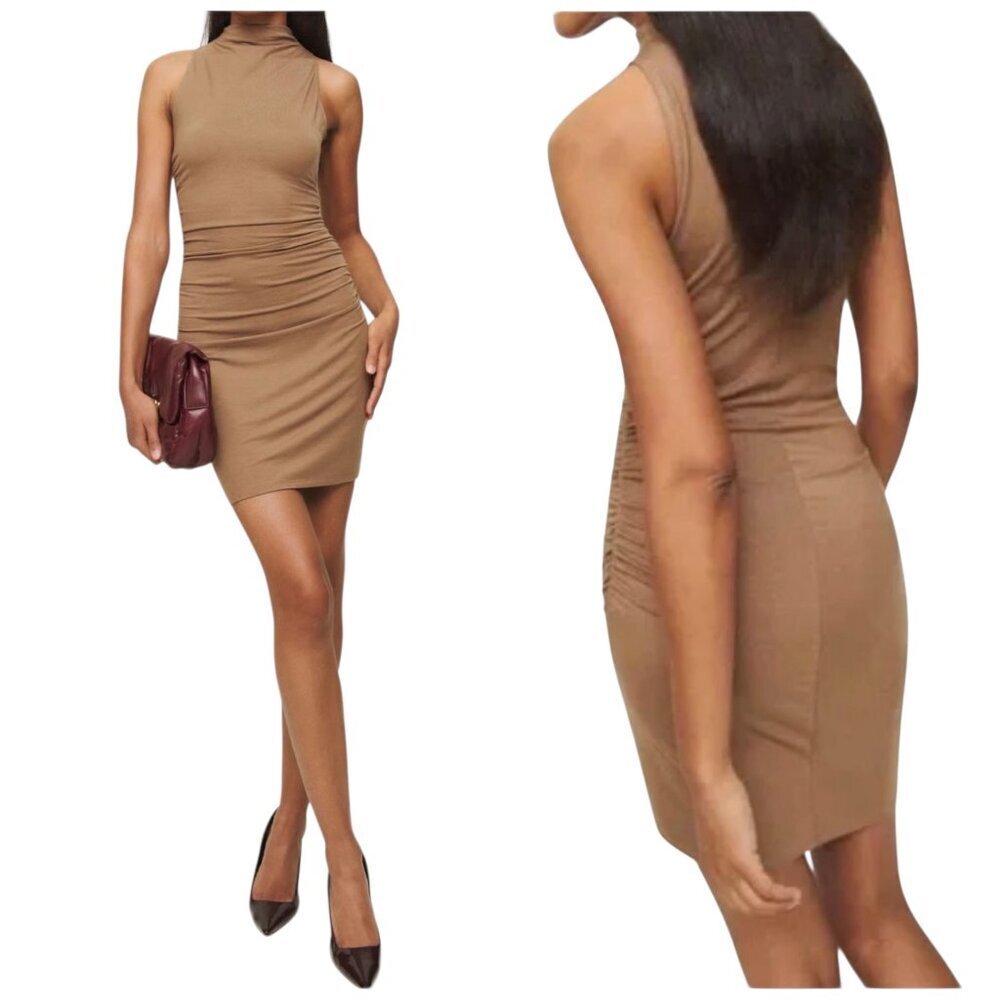Reformation Jana Knit Dress XS Brown Ruched Mock Neck Tencel NWT
